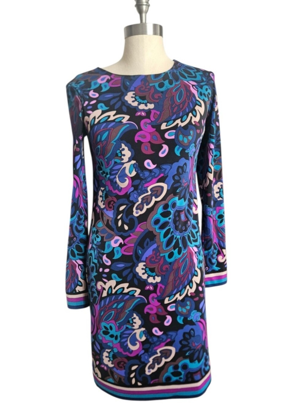 TRINA TURK Camellia Paisley Shift Dress Multicolor Long Sleeve | SZ 0